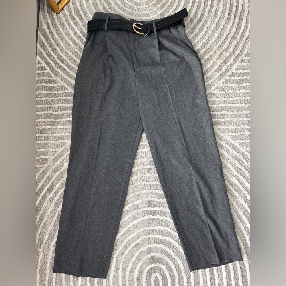 Zara belted straight leg gray pants